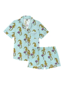 Traditional Cotton Shortie Pj Set, Seahorse Print